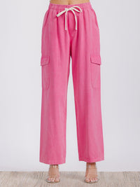 WOMEN'S ELASTIC WAIST CARGO POCKETS WIDE LEG DENIM PANTS