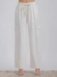 WOMEN'S ELASTIC WAIST CARGO POCKETS WIDE LEG DENIM PANTS