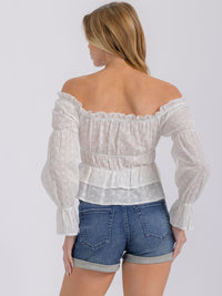 WOMEN'S LONG SLEEVE OFF SHOULDER RUFFLE EYLET BLOUSE