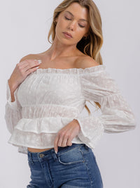 WOMEN'S LONG SLEEVE OFF SHOULDER RUFFLE EYLET BLOUSE