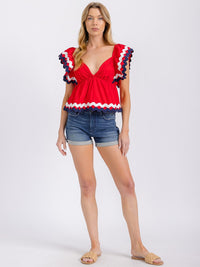 WOMEN'S SHORT RUFFLE SLEEVES V-NECK OPEN BACK TRIM DETAILED TOP