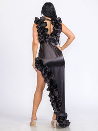 WOMEN'S SLEEVELESS V-NECK SIDE SLIT RUFFLE BODYCON MAXI DRESS