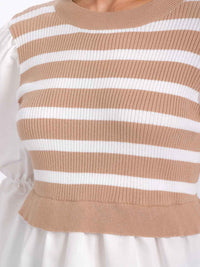 WOMEN'S LONG PUFF SLEEVES COLORBLOCK STRIPES CONTRAST BLOUSE