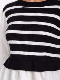WOMEN'S LONG PUFF SLEEVES COLORBLOCK STRIPES CONTRAST BLOUSE