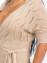 WOMEN'S SHORT SLEEVE SURPLICE SIDE SLIT BODYCON SELF TIE KNIT MINI DRESS
