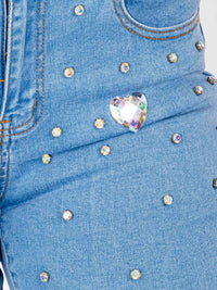 WOMEN'S BUTTON CLOSURE POCKETS HEART RHIMESTONE STRETCH DENIM SKINNY JEANS