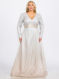 PLUS SIZE LONG SLEEVES V-NECK WAIST DETAILED COLORBLOCK SEQUINS MAXI DRESS
