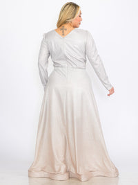 PLUS SIZE LONG SLEEVES V-NECK WAIST DETAILED COLORBLOCK SEQUINS MAXI DRESS