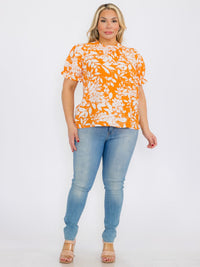 PLUS SIZE SHORT SLEEVE FLORAL PRINT BLOUSE TOP