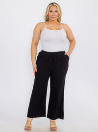 PLUS SIZE ELASTIC WAIST FRONT POCKETS WIDE LEG LINEN PANTS