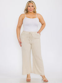 PLUS SIZE ELASTIC WAIST FRONT POCKETS WIDE LEG LINEN PANTS