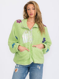 WOMEN'S LONG SLEEVES BUTTON CLOSURE FLOWERS DETAILED SHERPA SWEATER