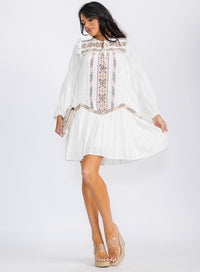 WOMEN'S LONG SLEEVE V-NECK EMBROIDERY TUNIC MINI DRESS