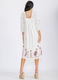 WOMEN'S 3/4 SLEEVE SQUARE NECK EMBROIDERY FLORAL TUNIC MIDI DRESS