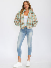 WOMEN'S LONG SLEEVE ZIP UP FRONT POCKETS PLAID FUZZY JACKET
