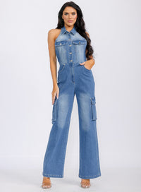 WOMEN'S SLEEVELESS HALTER NECK POCKETS DENIM WASHED WIDE LEG JUMPSUIT