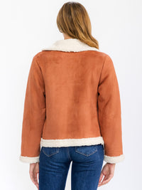 WOMEN'S LONG SLEEVE OPEN FRONT POCKETS COLORBLOCK SHERPA JACKET