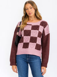 WOMEN'S LONG SLEEVE CHEKERS COLORBLOCK DETAILED PULLOVER SWEATER