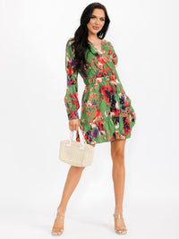 WOMEN'S LONG SLEEVE SURPLICE BELTED MULTI PRINT MINI DRESS