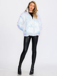 WOMEN'S LONG SLEEVES ZIP UP FRONT POCKETS PUFFER SEQUINS JACKET