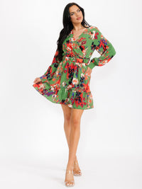 WOMEN'S LONG SLEEVE SURPLICE BELTED MULTI PRINT MINI DRESS