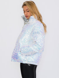WOMEN'S LONG SLEEVES ZIP UP FRONT POCKETS PUFFER SEQUINS JACKET