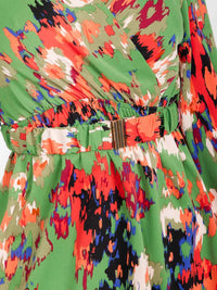 WOMEN'S LONG SLEEVE SURPLICE BELTED MULTI PRINT MINI DRESS
