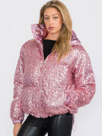 WOMEN'S LONG SLEEVES ZIP UP FRONT POCKETS PUFFER SEQUINS JACKET
