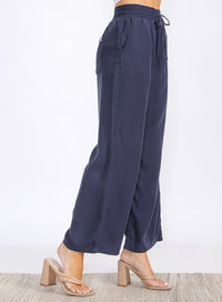WOMEN'S ELASTIC WAIST FRONT POCKETS WIDE LEG PANTS