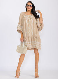 WOMEN'S 3/4 RUFFLE SLEEVE EMBROIDERY TUNIC MINI DRESS