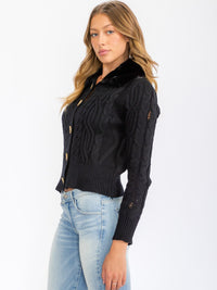 WOMEN'S LONG SLEEVE BUTTON CLOSURE CABLE KNIT SHERPA DETAILED SWEATER