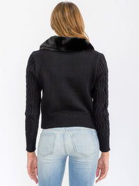 WOMEN'S LONG SLEEVE BUTTON CLOSURE CABLE KNIT SHERPA DETAILED SWEATER
