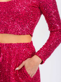 WOMEN'S LONG SLEEVE CROP TOP & ELASTIC WAIST PANTS SEQUINS 2PC. SET