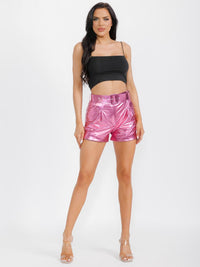 WOMEN'S BUTTON CLOSURE BELTED FRONT POCKETS METALLIC MINI SHORT