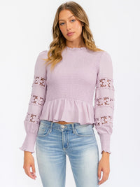 WOMEN'S LONG SLEEVE SMOCK DETAILED PEPLUM BLOUSE TOP