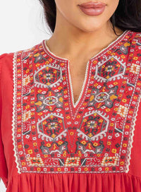 WOMEN'S SHORT SLEEVE V-NECK EMBROIDERY FLORAL TUNIC MIDI DRESS
