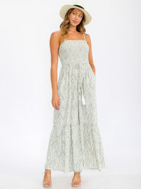 WOMEN'S SLEEVELESS SMOCK POCKETS WIDE LEG LEAF PRINT JUMPSUIT