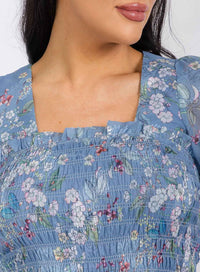 WOMEN'S LONG SLEEVES SQUARE NECK SMOCK FLORAL PRINT MINI DRESS