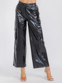 WOMEN'S BUTTON CLOSURE CARGO POCKETS METALLIC WIDE LEG PANTS