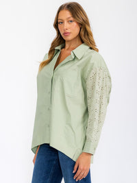 WOMEN'S LONG SLEEVE BUTTON UP EYELET DETAILED BLOUSE TOP