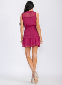 WOMEN'S SLEEVELESS BUTTON UP SELF TIE MINI DRESS
