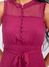WOMEN'S SLEEVELESS BUTTON UP SELF TIE MINI DRESS