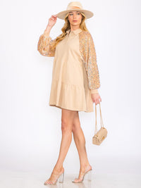 WOMEN'S LONG SEQUINS SLEEVES TIERED POCKETS TUNIC MINI DRESS