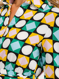 WOMEN'S 3/4 SLEEVES BUTTON UP MULTI PRINT MIDI DRESS