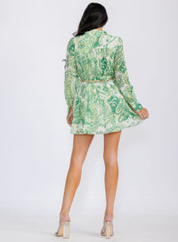 WOMEN'S LONG SLEEVES BUTTON UP ELASTIC WAIST SELF TIE MULTI PRINT MINI DRESS