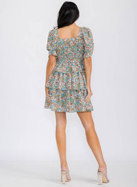 WOMEN'S SHORT SLEEVE SMOCK SELF TIE RUFFLE TIERED FLORAL PRINT MINI DRESS