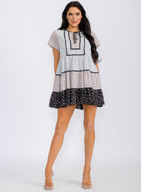 WOMEN'S SHORT SLEEVES V-NECK TIERED COLORBLOCK FLORAL TUNIC MINI DRESS
