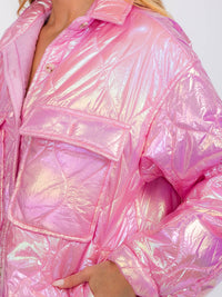 WOMEN'S LONG SLEEVES BUTTON UP FRONT POCKETS HIGH-LOW SHIMMER PUFFER JACKET