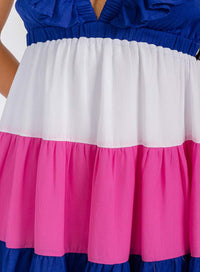WOMEN'S SHORT SLEEVES V-NECK TIERED COLORBLOCK OPEN BACK MINI DRESS