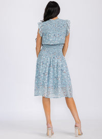 WOMEN'S SLEEVELESS SMOCK SELF TIE FLORAL PRINT MIDI DRESS